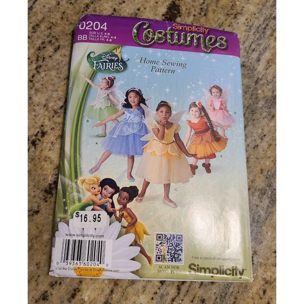 Simplicity Disney Fairy Costume Pattern 0204 Girls' Sizes 4 6 8 Butterfly Wings